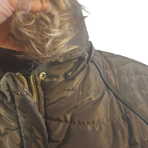 Coca Bella Detachable Hooded Faux Fur Belted Jacket Women's Size EG Dark Olive - Picture 5 of 8